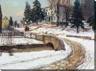 Зимний пейзаж с домом за мостом