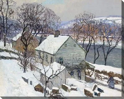 Картина Зимний пейзаж с домами у реки