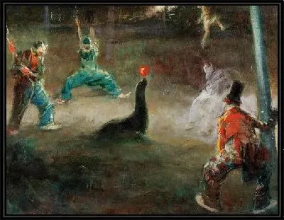 Клоуны играют в мяч с тюленем