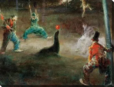 Клоуны играют в мяч с тюленем