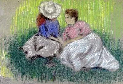 Женщина и девочка на лужайке