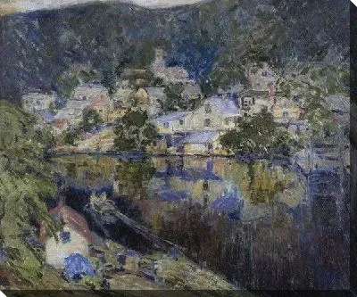 Картина Деревня на берегу реки