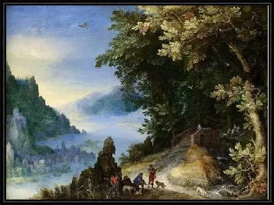 Скалистый речной пейзаж с путниками