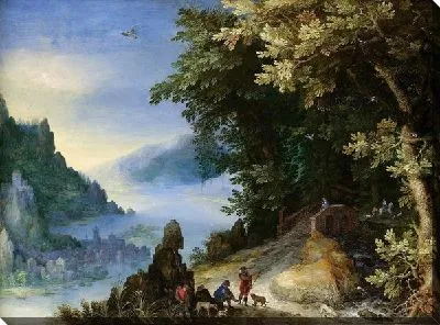 Скалистый речной пейзаж с путниками