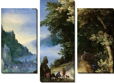 Скалистый речной пейзаж с путниками