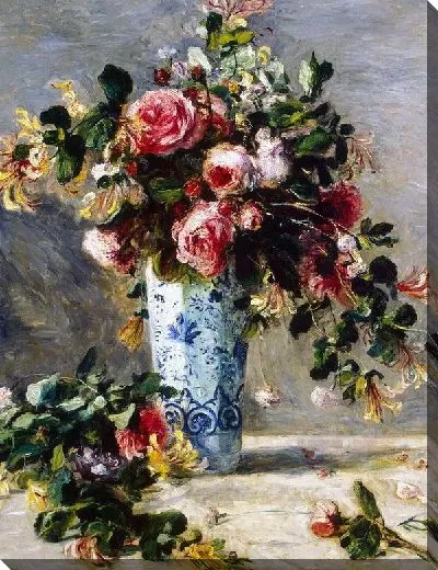 Картина маслом Розы и жасмин в голубой вазе