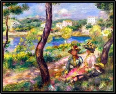 Девушки и мальчик на берегу реки