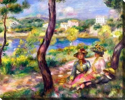 Девушки и мальчик на берегу реки