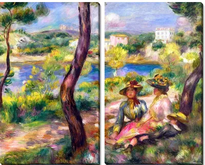 Девушки и мальчик на берегу реки