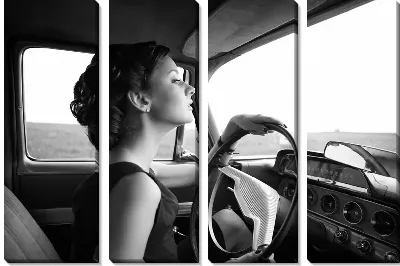 Модульная картина Девушка водитель за рулем ретро автомобиля