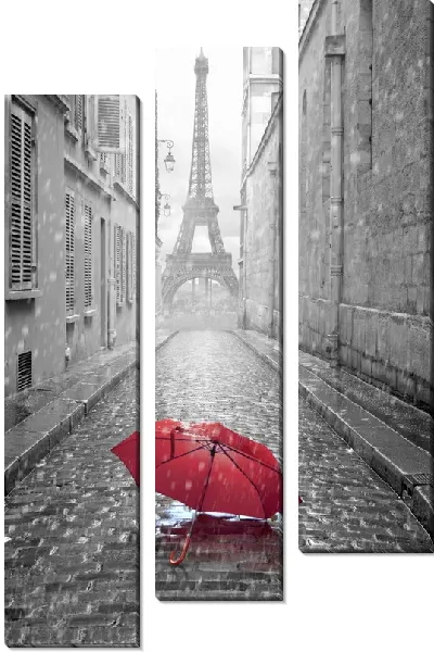 Модульная картина Одинокий красный зонт в дождь в Париже