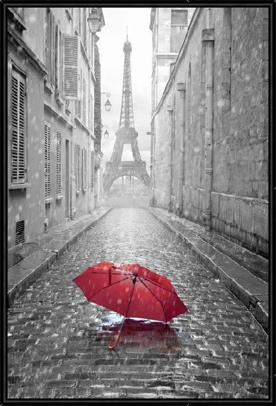 Картина Одинокий красный зонт в дождь в Париже