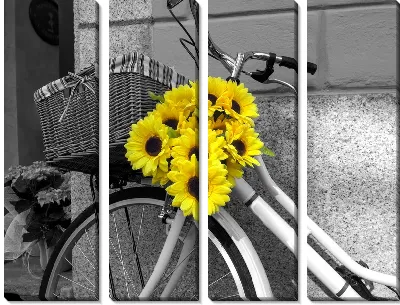 Модульная картина Букет подсолнухов на раме велосипеда