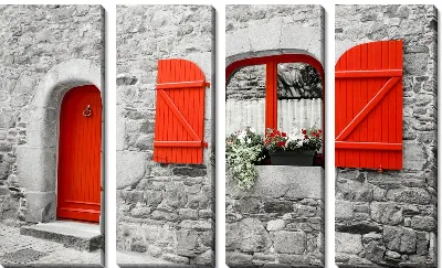 Модульная картина Красные дверь и оконные створки