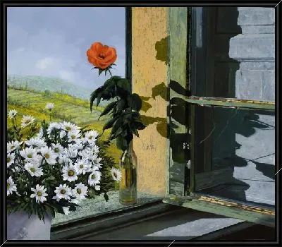 Ромашки и роза на окне