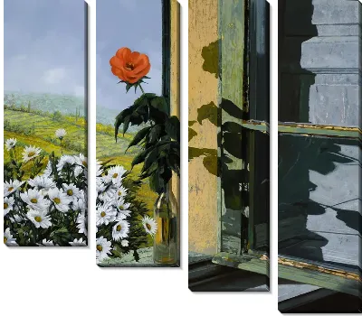 Ромашки и роза на окне