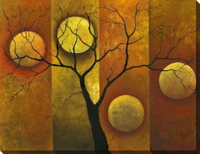 Картина маслом Четыре Луны на фоне дерева