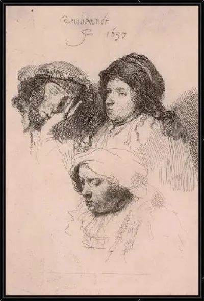 Картина Лист с этюдами трех женских голов (1637)