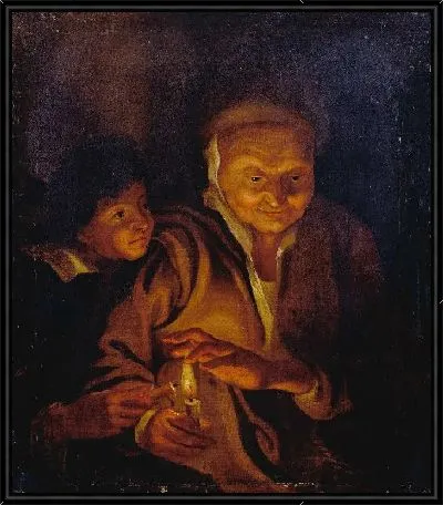 Картина Мальчик зажигает свечу от свечи старушки