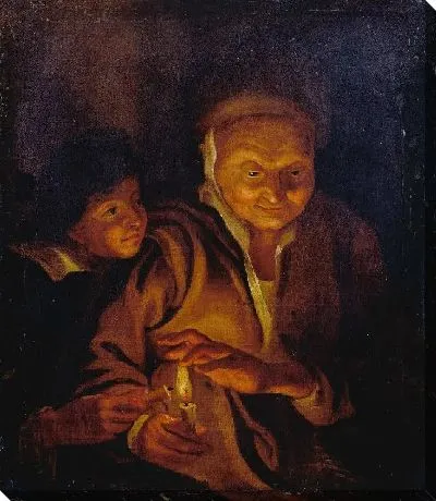 Картина Мальчик зажигает свечу от свечи старушки