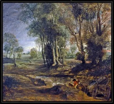 Картина Вечерний пейзаж с повозкой (1630-1640)