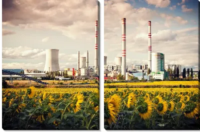 Модульная картина Завод на фоне подсолнухов
