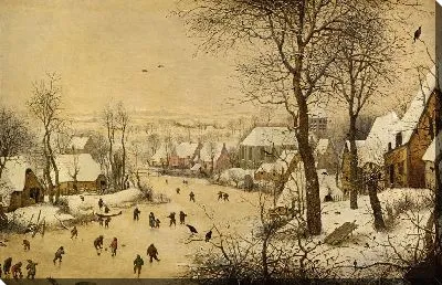 Зимний пейзаж с конькобежцами и птицами (1565)
