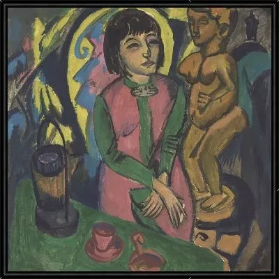 Сидящая женщина с деревянной скульптурой (1912)