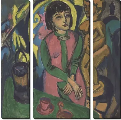 Сидящая женщина с деревянной скульптурой (1912)