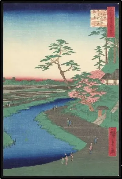 Картина Секигучи (1857) (One Hundred Famous Views of Edo “Basho’s Hermitage and Camellia Hill on the Kanda Aqueduct at Sekiguchi”)