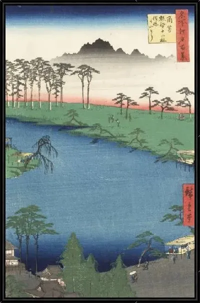 Картина Святыня (1856) (One Hundred Famous Views of Edo “Kumano Junisha Shrine （Popularly Known as “Juniso”）”)