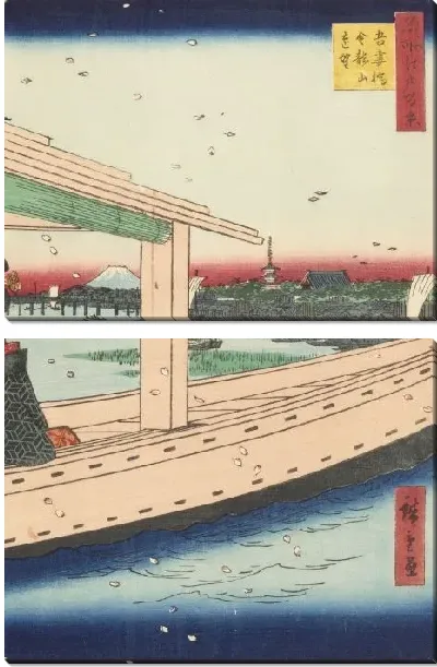 Картина Храм и мост (1857) (One Hundred Famous Views of Edo “Distant View of Kinryuzan Temple and Azumabashi Bridge”)