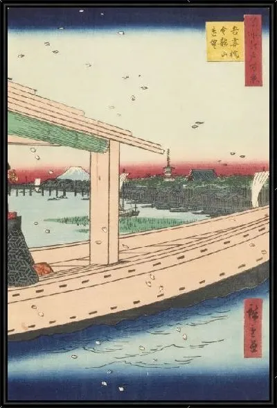 Картина Храм и мост (1857) (One Hundred Famous Views of Edo “Distant View of Kinryuzan Temple and Azumabashi Bridge”)