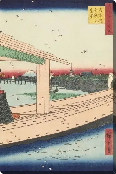 Картина Храм и мост (1857) (One Hundred Famous Views of Edo “Distant View of Kinryuzan Temple and Azumabashi Bridge”)