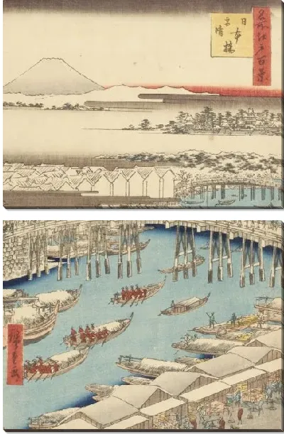 Картина Мост в утреннем снегу (1856) (One Hundred Famous Views of Edo “Nihonbashi Bridge in the Morning Snow”)