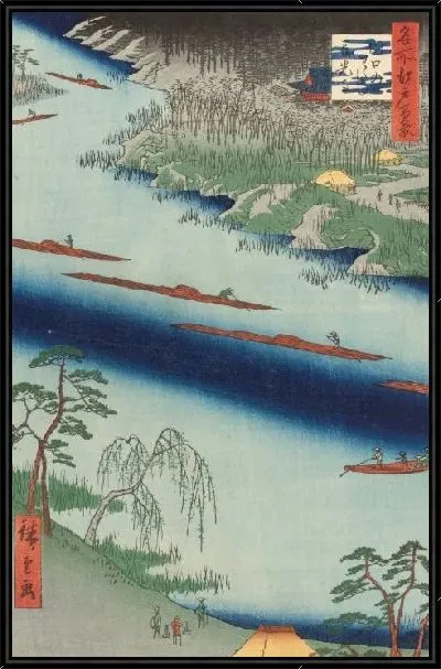 Картина Кавагути Ферри (1857) (One Hundred Famous Views of Edo “Kawaguchi Ferry and Zenkoji Temple”)