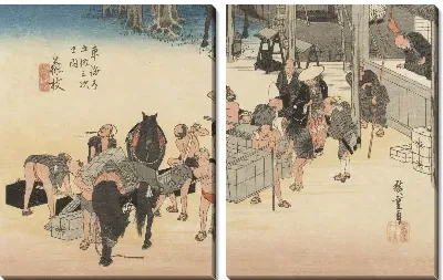 Картина Носильщики и лошади (1833) (Fifty-Three Stations of the Tokaido Hoeido Edition “Fujieda (Changing Porters and Horses)”)