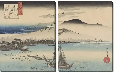 Картина Гуси в полете (1834) (Geese Descending at Katata from the Eight Views of Omi Province series)