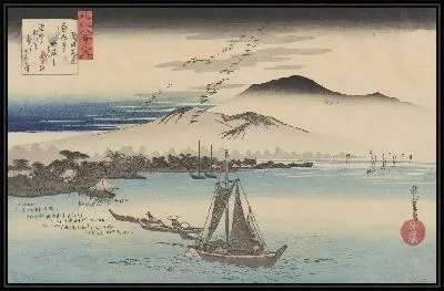 Картина Гуси в полете (1834) (Geese Descending at Katata from the Eight Views of Omi Province series)