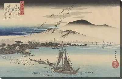 Картина Гуси в полете (1834) (Geese Descending at Katata from the Eight Views of Omi Province series)