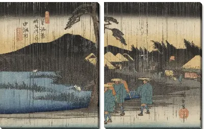 Картина Накацугава в дождливый день (1837) (Sixty-Nine Stations of the Kisokaido “Nakatsugawa” (“Nakatsugawa on a Rainy Day”))