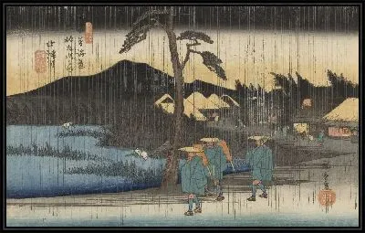 Картина Накацугава в дождливый день (1837) (Sixty-Nine Stations of the Kisokaido “Nakatsugawa” (“Nakatsugawa on a Rainy Day”))