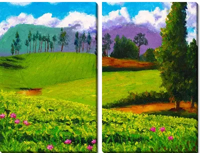 Модульная картина Холмы с цветами и деревьями