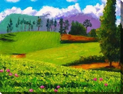 Картина маслом Холмы с цветами и деревьями