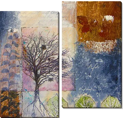 Модульная картина Абстракция с листьями, деревьями и надписями