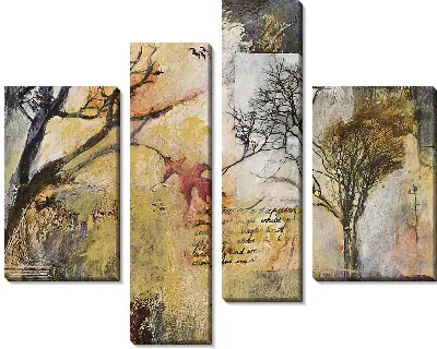 Модульная картина Абстракция с листьями, деревьями и надписями №3