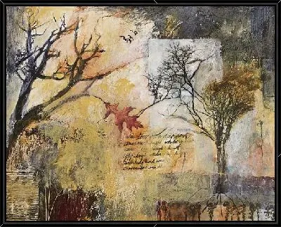 Абстракция с листьями, деревьями и надписями №3