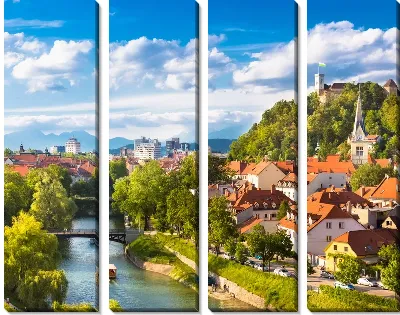 Модульная картина Река горы и дома в Словении