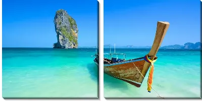 Модульная картина Лодка в море на фоне горы