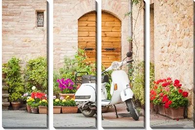 Модульная картина Мопед на фоне стены и цветов